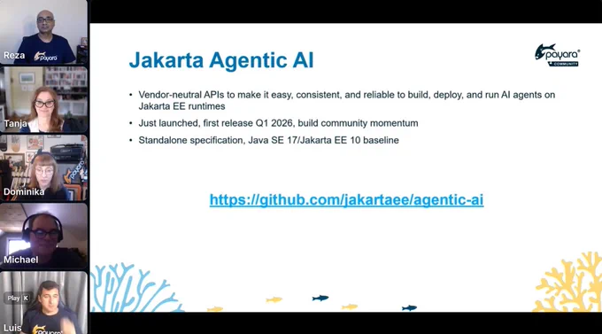 Screenshot from the Jakarta Agentic AI webinar showing a presentation slide titled “Jakarta Agentic AI” with bullet points about vendor-neutral APIs, early project status, and a Java SE 17 and Jakarta EE 10 baseline. Video thumbnails of multiple panel speakers appear on the left, and a GitHub repository link is displayed on the slide.