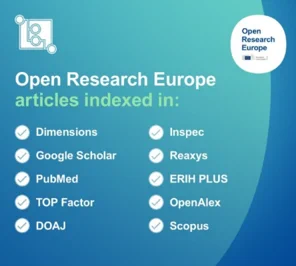 Open Research Europe articles are indexed in: Dimensions, Inspec, Google Scholar, Reaxys, PubMed, ERIH PLUS, TOP Factor, OpenAlex, DOAJ, and Scopus. Each item is marked with a checkmark.