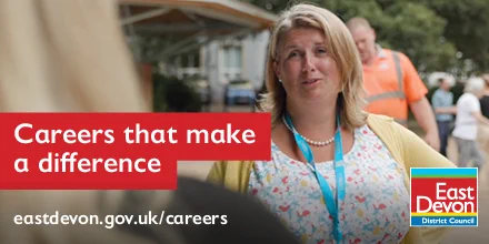 A woman speaking in an outdoor setting with the text 'Careers that make a difference' and the East Devon Council logo.