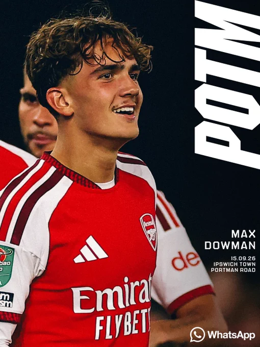 Player of the Match graphic feauting Max Dowman. Text reads: POTM. Max Dowman, 15.09.26. Ipswich Town. Portman Road.