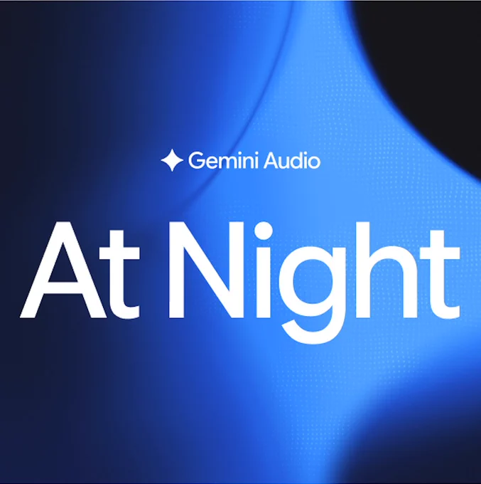 A graphic for Gemini Audio with the words "At Night" prominently displayed in large white text. Above it, a smaller logo features a four-pointed star next to the words "Gemini Audio," all set against an abstract background of flowing blue light and subtle dot patterns.