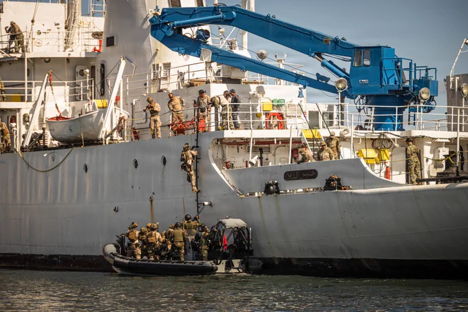 U.S. Marines with Force Reconnaissance Company, 2d Reconnaissance Battalion, 2d Marine Division, and Libyan Naval Special Forces board Tunisian ship NRF Khaireddine (A 700) for visit, board, search and seizure training during exercise Phoenix Express 2026 in Bizerte, Tunisia.