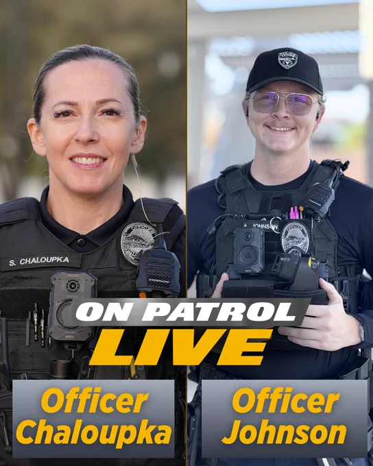 Image features two Tempe Police officers smiling with text on screen reading, "Officer Chaloupka" and "Officer Johnson."