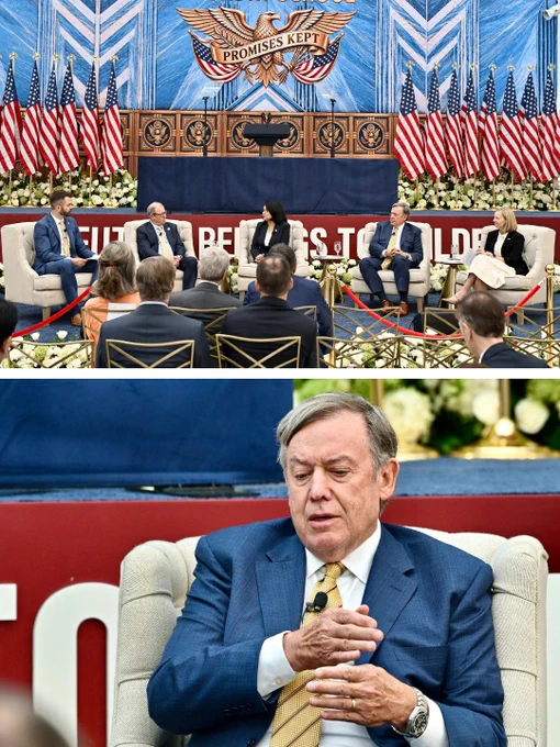 Two-panel photograph of a formal panel discussion with American flags, an eagle emblem, and a close-up of an older male speaker in a blue suit.