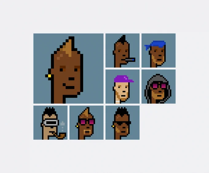 Grid of 0xe186…8829's 8 CryptoPunks, with 1 newly acquired punk enlarged.