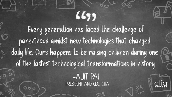 Chalkboard-style image with quote: "Every generation has faced the challenge of parenthood amidst new technologies that changed daily life. Ours happens to be raising children during one of the fastest technological transformations in history." - Ajit Pai