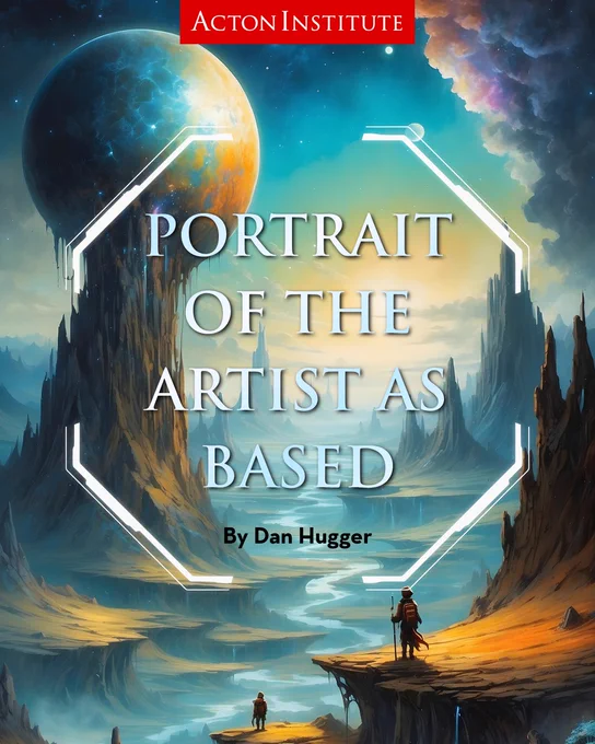 Fantasy landscape with cliffs, a large planet, and travelers on a rock.