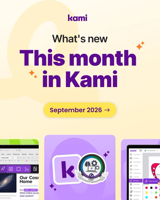Kami logo above the text 'What's new: This month in Kami, September 2026,' with preview thumbnails of a Microsoft Word document, a UDL certification badge, and a butterfly drawing tool in the background.