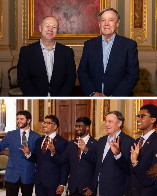 Composite of two photos showing an older man with another man, then with four younger men, in an ornate gold-trimmed room.